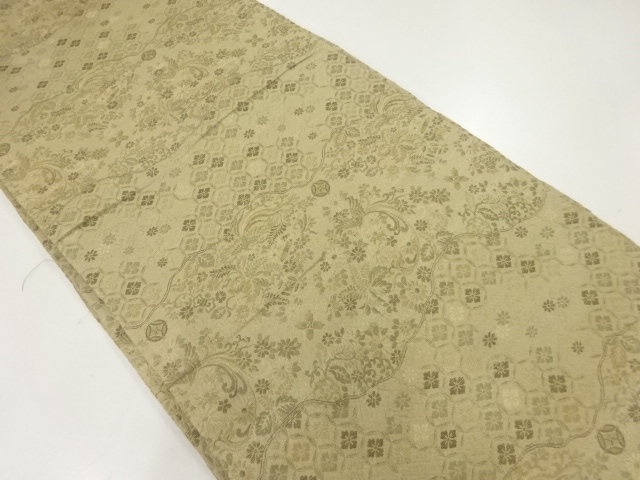 JAPANESE KIMONO / ANTIQUE MARU OBI / SILK / WOVEN FLOWER & BIRD